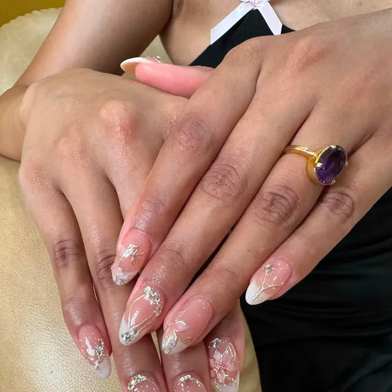 LENA Nails & Beauty Da Nang — Bridal White French Nails with Rhinestones