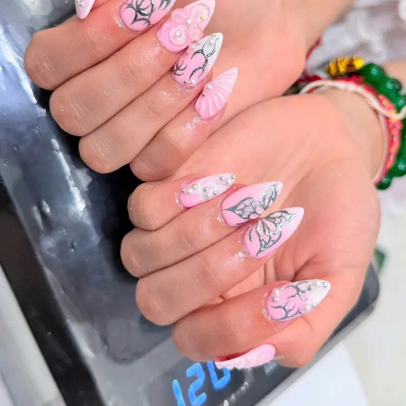 LENA Nails & Beauty Da Nang — Pink Stiletto Nails with 3D Bows & Pearls