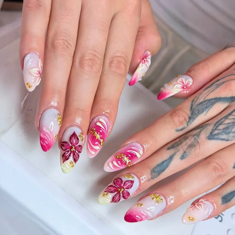 LENA Nails & Beauty Da Nang — Pink Nails with 3D Flowers and Gold Beads