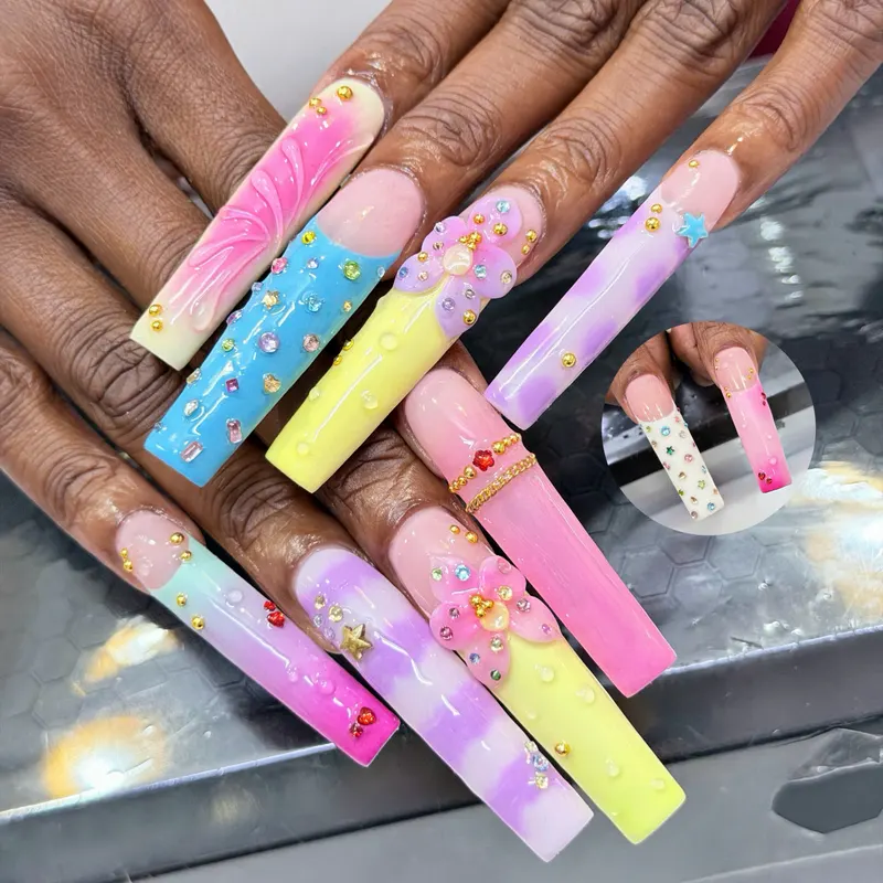 LENA Nails & Beauty Da Nang — Extra-Long Multicolour Coffin Nails with 3D Art
